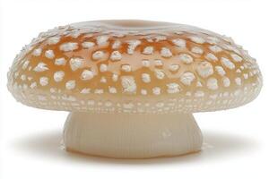 single marinated white mushroom rests against clean white background. Its smooth glossy cap and slightly translucent stem reflect soft lighting highlighting its natural beauty and photo