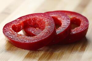 single pickled red bell pepper slice shines soft light against clean white backdrop. Its smooth surface reflects light beautifully while highlighting its rich color photo