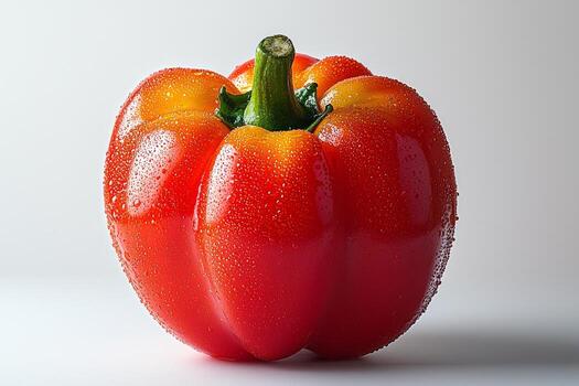 single slice of pickled red bell pepper showcases its shiny smooth surface illuminated soft light. vibrant red color contrasts beautifully clean white background photo