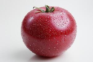 Close up view of single salted tomato showcasing its slightly wrinkled surface and bright red color. brine adds shiny finish highlighting its freshness against white backdrop photo