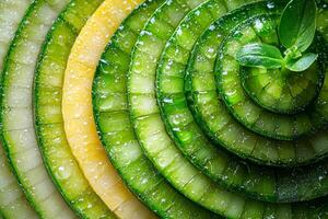 Close up of sliced leek displays its intricate concentric layers in shades of white pale green and vibrant yellow accentuated droplets of water against clean background photo