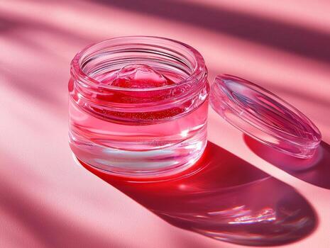 small glass jar contains shimmering pink lip gloss creamy texture. open lid rests beside it capturing reflections of light on soft pink surface photo