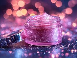 small glass jar holds shimmering pink lip gloss its open lid resting beside it. Light reflections add creamy texture glossy allure creating enchanting display photo