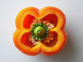 Bright orange bell pepper sliced show its vibrant flesh and neatly arranged seeds enhancing clean aesthetic of white background ideal for culinary inspiration and food photography photo