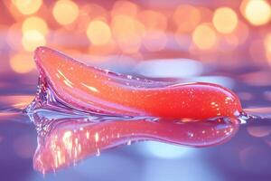 thin smear of glossy coral lip gloss sits on clear glass surface reflecting soft light enhances its vibrant color and smooth texture creating visually appealing effect photo