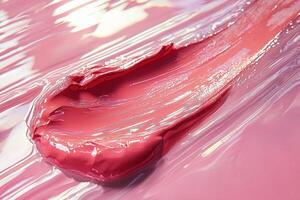 thin smear of glossy coral lip gloss is artfully spread across clear glass surface photo