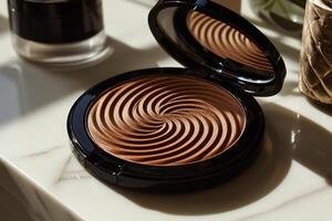 warm medium tan face powder is displayed in circular compact showcasing soft swirling brush strokes on surface. minimalist white background enhances powder's rich tone photo