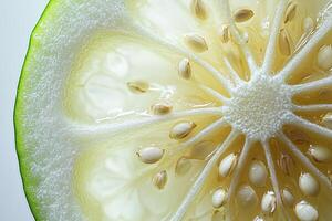 close up captures detailed seed arrangement and soft pale green flesh of zucchini slice showcasing its fresh aesthetic against bright white background photo