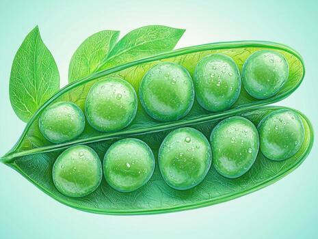 Close up view of open pea pod reveals perfectly round green peas resting inside. simplicity of white surface enhances fresh look of peas and pod photo