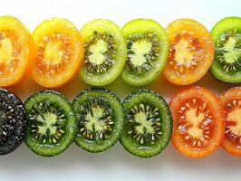 Halved yellow green and black tomatoes are arranged in straight line each showcasing their unique seed patterns and juicy textures against clean white background enhances their vibrancy photo