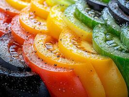 Slices of yellow green and black tomatoes are arranged diagonally highlighting their vibrant colors and unique patterns photo