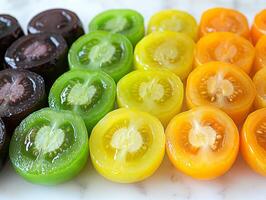 Sliced yellow green and black tomatoes are arranged diagonally showcase their distinct patterns set against clean white backdrop enhances their colors photo