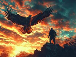 man stands on rugged cliff silhouetted against vivid sky of blues and oranges. hawk dives gracefully above creating striking moment of nature's beauty and raw power photo