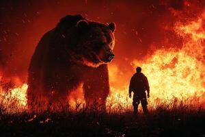 powerful bear casts shadow over defiant man who stands firm. fiery red and black gradient creates dramatic atmosphere symbolizing fierce encounter photo