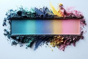 vibrant eyeshadow palette displays bold shades of blue green pink and yellow. colors are slightly smudged highlighting their rich pigmentation on clean white surface photo