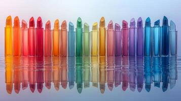 stunning array of lipsticks in rainbow colors is showcased on smooth reflective surface photo
