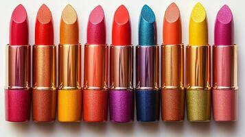 Colorful lipsticks in rainbow of hues from red purple are arranged horizontally on shiny surface. white backdrop enhances their lively shades showcasing beauty diversity photo
