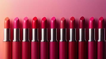 composition features range of pink lipsticks arranged harmoniously from light pastel rich magenta. soft gradient background enhances colors creating elegant display photo