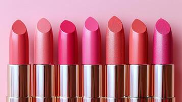 Lipsticks in shades ranging from light pastel deep magenta are beautifully arranged. creamy bullets contrast soft pink white gradient background creating chic look photo