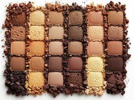 Neatly arranged compacts of single color eyeshadow showcase range of neutral shades from light dark on white background. Soft lighting emphasizes their silky finishes photo