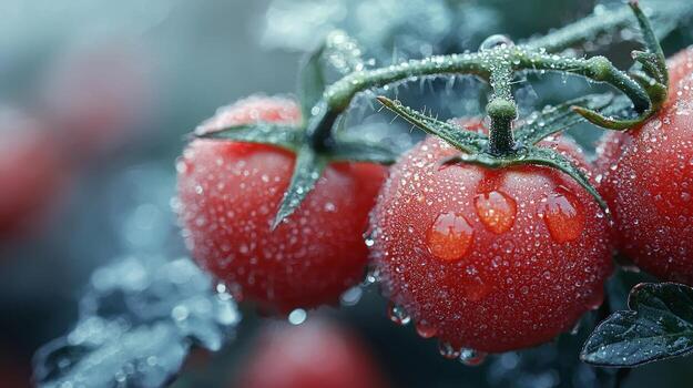 Vibrant cherry tomatoes hang on vine glistening dewdrops in soft light. clean white background emphasizes their rich red colors creating fresh and appealing view photo