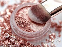 jar of loose eyeshadow pigment in shimmering rose gold hue features delicate brush dipping into it. powder spills onto white surface enhancing its beauty photo