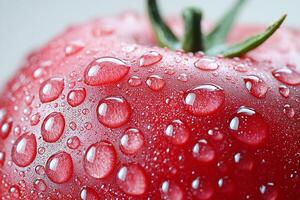 Fresh red tomato displaying smooth surface covered in dewdrops highlighting its glossy texture and vibrant color bright lighting for enhanced freshness photo