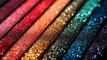 macro view reveals glitter eyeshadow palette filled striking shades of red green and gold photo