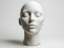 Bald silicone mannequin head is positioned upright against clean white background. Soft lighting enhances contours and details creating sleek modern aesthetic photo