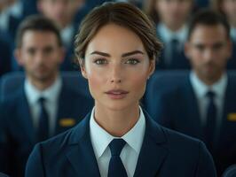 flight attendant confidently speaks into intercom ensuring all passengers are informed. Neatly arranged seats and attentive travelers create professional atmosphere photo