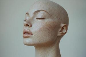 bald silicone mannequin head displays high gloss surface reflects soft light enhancing its smooth texture and creating depth subtle shadows on clean white background photo