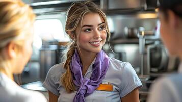 flight attendant prepares for upcoming flight adjusting her uniform scarf while engaging fellow crew members in airplane galley. cabin interior is well lit and professional photo