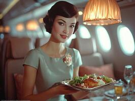 flight attendant polished uniform presents plated meal passenger creating warm and attentive atmosphere in airplane cabin photo