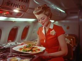 flight attendant in pristine uniform serves gourmet meal on tray showcasing attention detail and elegance in warm cabin atmosphere creating memorable travel experience photo