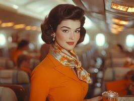 professional flight attendant in stylish uniform offers beverages from trolley amid organized rows of seats. Passengers enjoy service in well maintained cabin photo