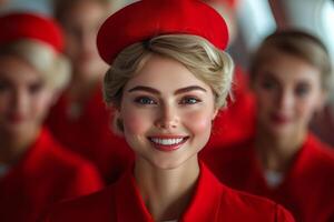 Flight attendants stand confidently in airplane aisle showcasing teamwork and poise. Their matching uniforms and bright smiles create welcoming atmosphere in warm cabin light photo