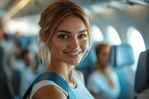 flight attendant confidently demonstrates safety procedures holding seatbelt while passengers focus attentively in clean airplane cabin photo