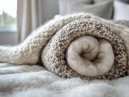 handwoven wool rug lies elegantly rolled on soft surface in cozy indoor space. natural cream and brown shades create warm inviting atmosphere gentle light photo