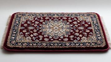 small Persian style bedside rug showcases stunning floral design in vibrant red and gold hues. Its intricate patterns are beautifully displayed against clean white background photo