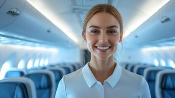 flight attendant in tailored uniform stands airplane entrance greeting passengers warm smile. cabin features contemporary design and soft inviting lighting photo