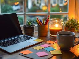 vibrant workspace showcases artboard colorful sticky notes and markers amidst laptop and steaming cup of coffee fostering creativity in cozy setting photo