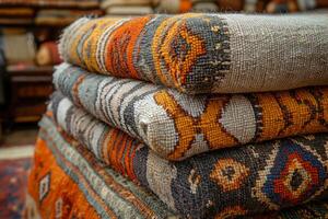 beautifully arranged vintage style bedside rug showcases its faded distressed patterns in muted greens and oranges. texture and weathered details stand out against clean white background photo