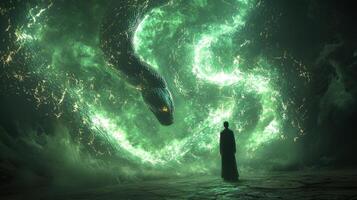 male silhouette stands defiantly against massive snake its coiled form looming in swirling mist. green and black tones create intense atmosphere of confrontation photo