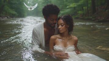 African American man in white robe baptizes African American woman in elegant white attire in tranquil river water while dove flies overhead photo
