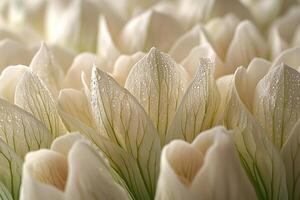 Fresh endive spears create appealing arrangement pale yellow and green tones highlighted droplets of water set against clean white surface photo