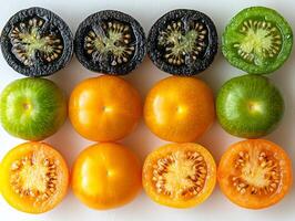 Halved yellow green and black tomatoes are arranged in row showcasing their bright colors and intricate seed patterns. clean background enhances their natural beauty and juiciness photo