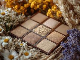 neutral toned eyeshadow palette featuring shades of beige taupe and soft brown is beautifully arranged dried flowers creating minimalist and elegant setup for beauty enthusiasts photo