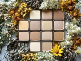 Neutral toned eyeshadow palette showcases shades of beige taupe and soft brown surrounded delicate dried flowers for elegant and minimalist aesthetic photo