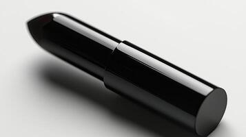 sleek black lipstick bullet matte finish rests on bright white surface creating striking contrast. Subtle shadows enhance its edgy and modern design appealing beauty enthusiasts photo