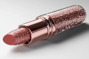 stunning coral lipstick stands upright showcasing its glitter infused bullet. Subtle lighting emphasizes sparkles enhancing its alluring appearance against white background photo